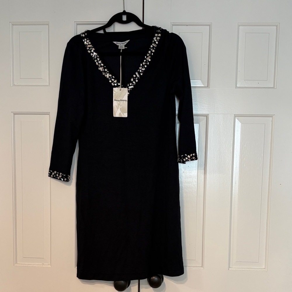 NWT. Tommy Bahama Women’s Dress. Elegant Black Dress with Embellished Neckline